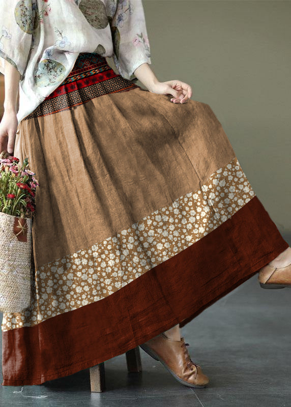 Black Flower Elastic Waist Print Linen Skirts Summer