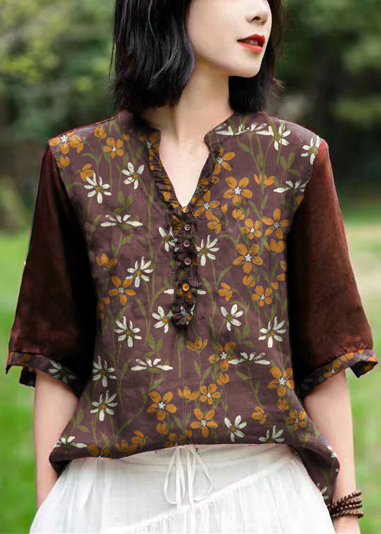 Unique Green Cashew V Neck Embroidered Linen T Shirts Half Sleeve