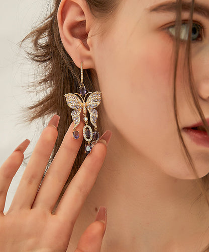 Purple Copper Zircon Crystal Butterfly Tassel Drop Earrings