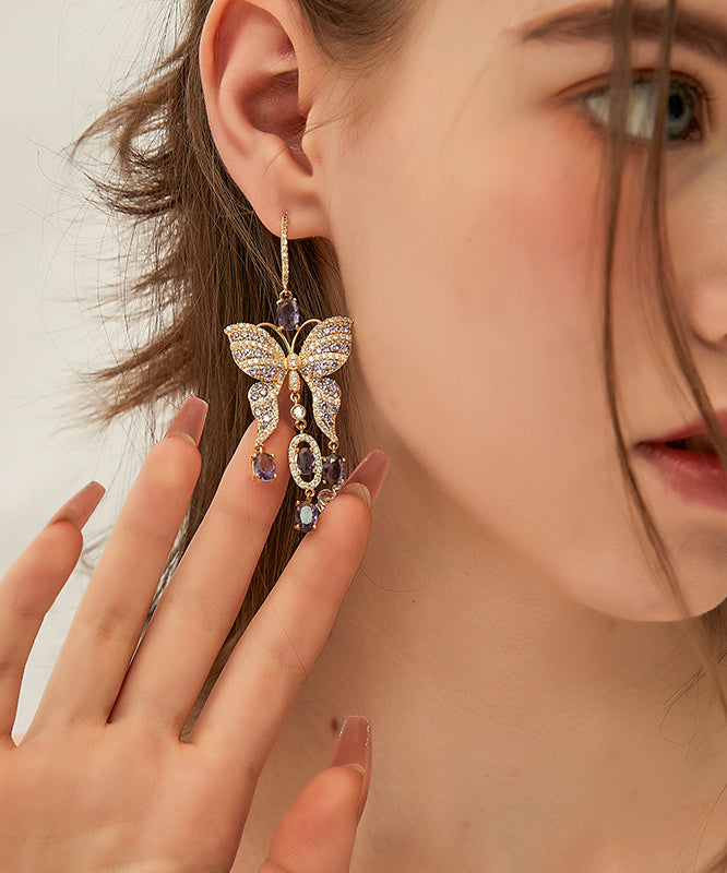 Purple Copper Zircon Crystal Butterfly Tassel Drop Earrings