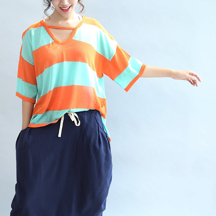 Fall Blue Orange Patchwork Cotton Blouse V Neck T Shirt