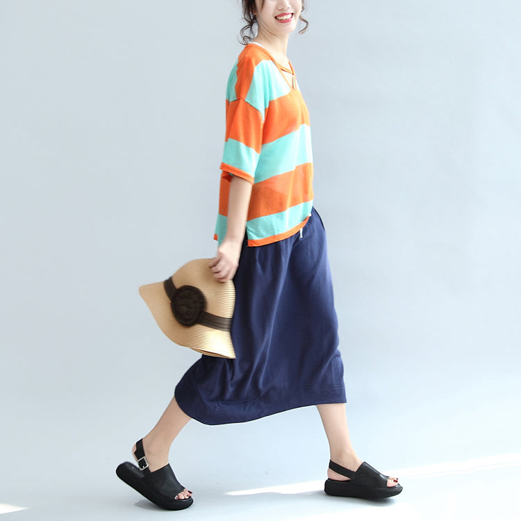 Fall Blue Orange Patchwork Cotton Blouse V Neck T Shirt