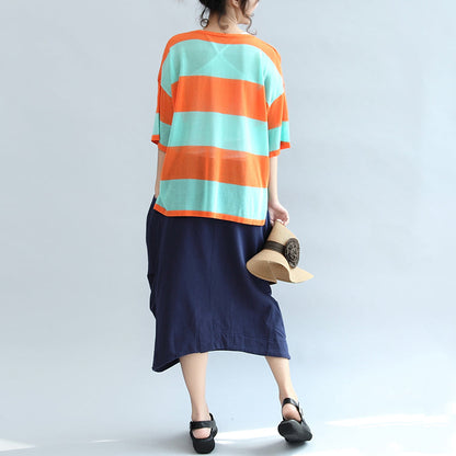 fall 2025 blue orange patchwork cotton blouse plus size v neck t shirt