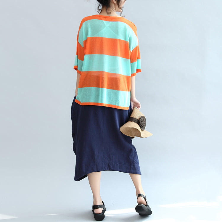 Fall Blue Orange Patchwork Cotton Blouse V Neck T Shirt