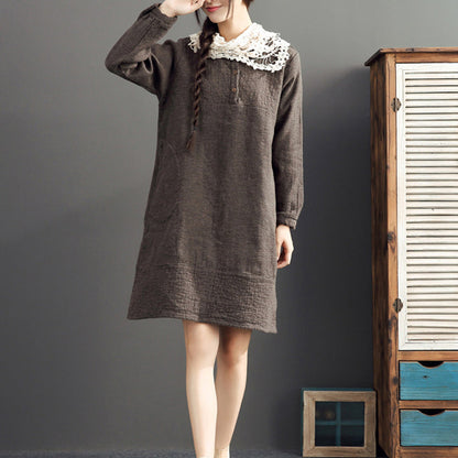 Fall Cotton Warm Dresses Oversize O Neck Linen Dres