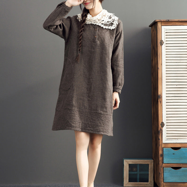 Fall Cotton Warm Dresses Oversize O Neck Linen Dres
