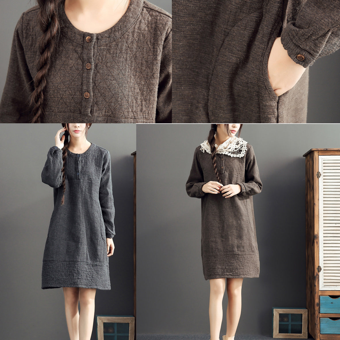 Fall Cotton Warm Dresses Oversize O Neck Linen Dres