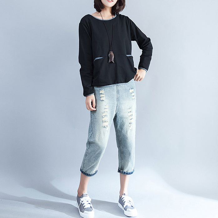 Fall Warm Cotton Chunky Tops Black O Neck Pullover