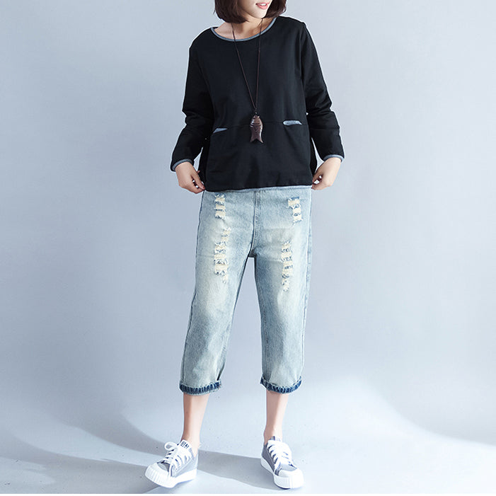 Fall Warm Cotton Chunky Tops Black O Neck Pullover