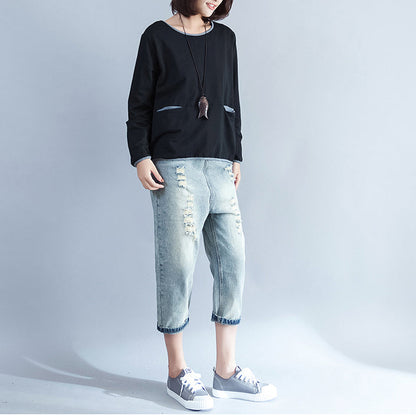 fall 2025 warm cotton chunky tops black casual o neck pullover