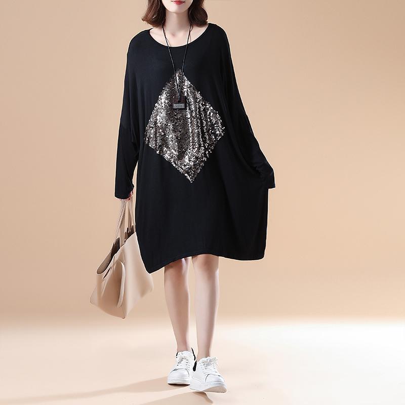 Fall Black Cotton Dresses Oversize Long Sleeve Prints Dress