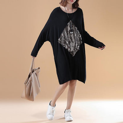 Fall Black Cotton Dresses Oversize Long Sleeve Prints Dress