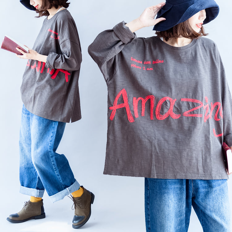 Fall Warm Gray Cotton Embroidery Alphabet Pullover Oversize O Neck T Shirt