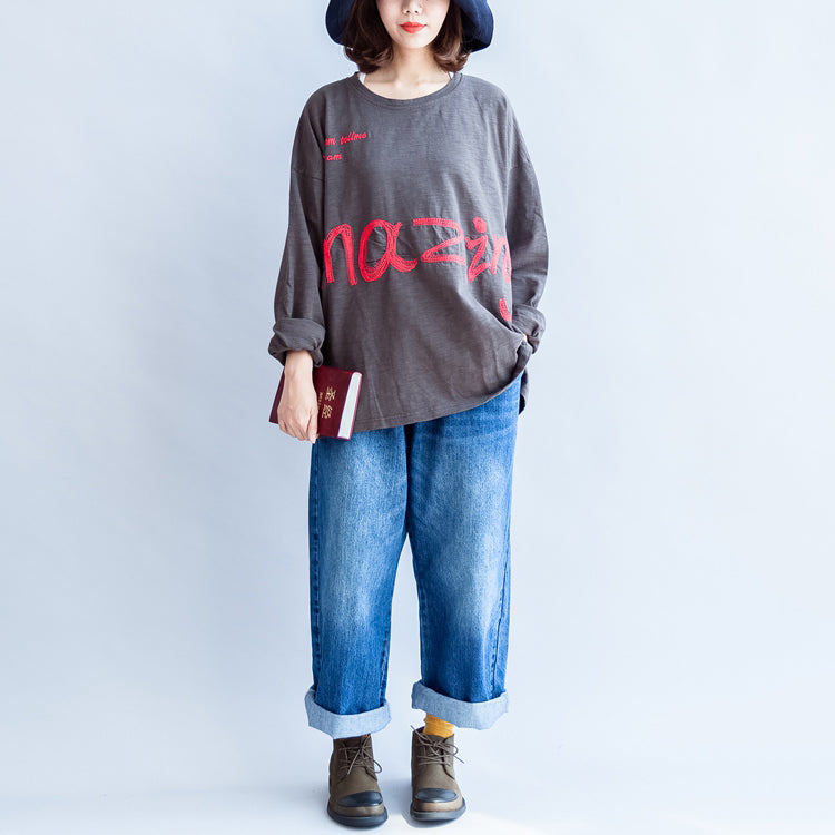 Fall Warm Gray Cotton Embroidery Alphabet Pullover Oversize O Neck T Shirt