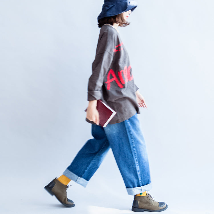 fall warm casual gray cotton embroidery alphabet pullover oversize o neck t shirt