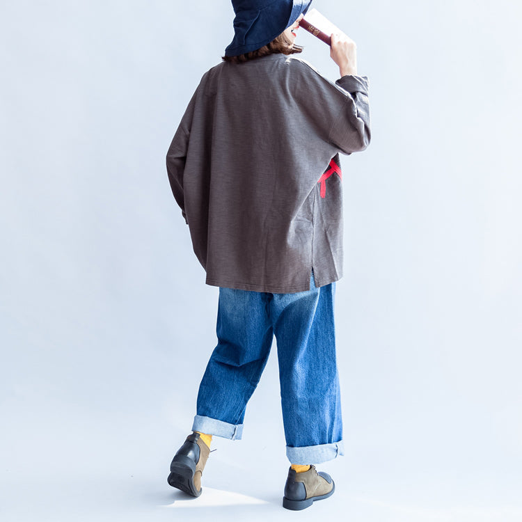 Fall Warm Gray Cotton Embroidery Alphabet Pullover Oversize O Neck T Shirt