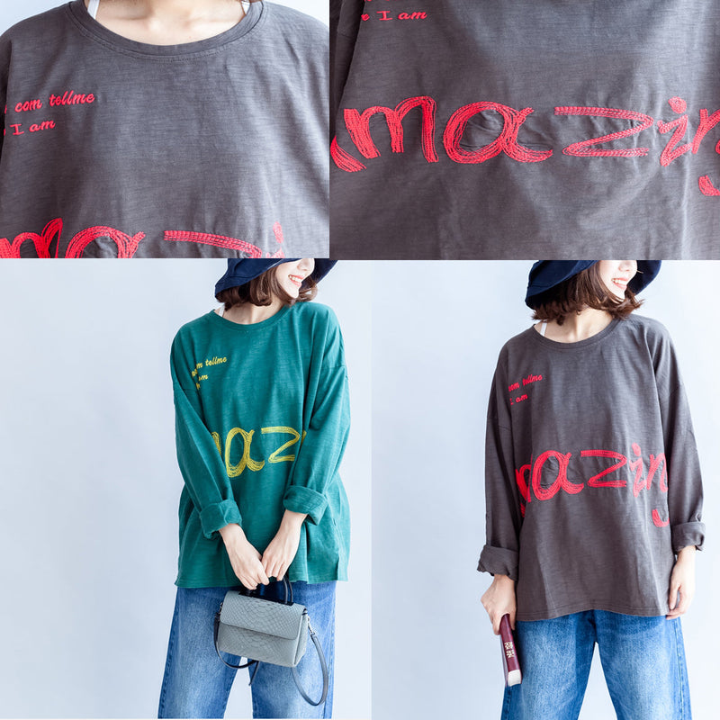 Fall Warm Gray Cotton Embroidery Alphabet Pullover Oversize O Neck T Shirt