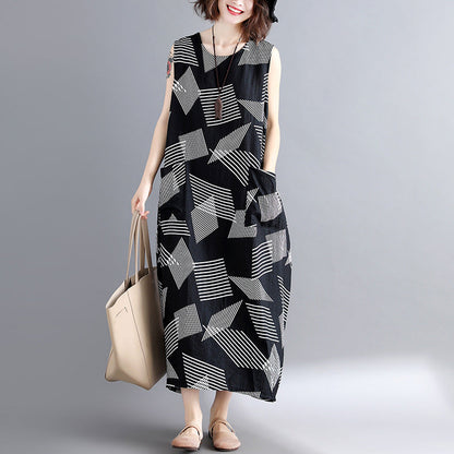 Geometric Cotton Linen Dress Loose Fitting Short Sleeve Baggy Dresses Long Dresses O Neck Caftans