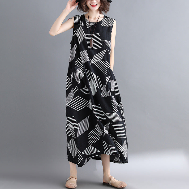 Geometric Cotton Linen Dress Loose Fitting Short Sleeve Baggy Dresses Long Dresses O Neck Caftans