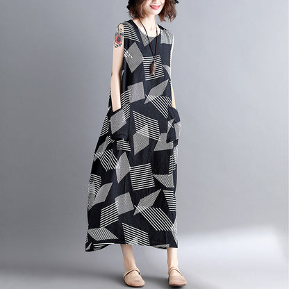 Geometric Cotton Linen Dress Loose Fitting Short Sleeve Baggy Dresses Long Dresses O Neck Caftans