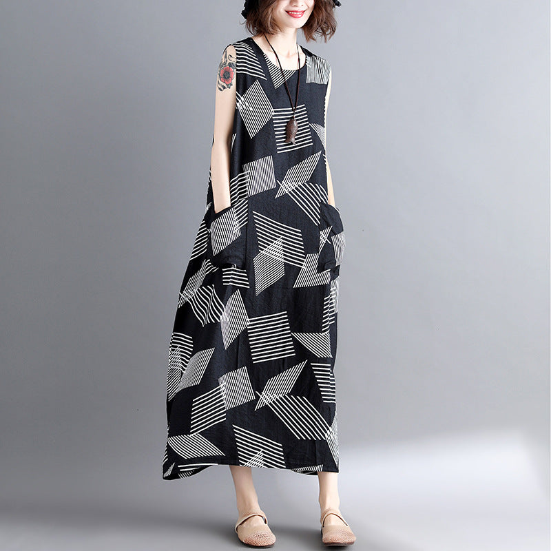 Geometric Cotton Linen Dress Loose Fitting Short Sleeve Baggy Dresses Long Dresses O Neck Caftans