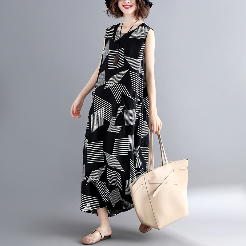 Geometric Cotton Linen Dress Loose Fitting Short Sleeve Baggy Dresses Long Dresses O Neck Caftans