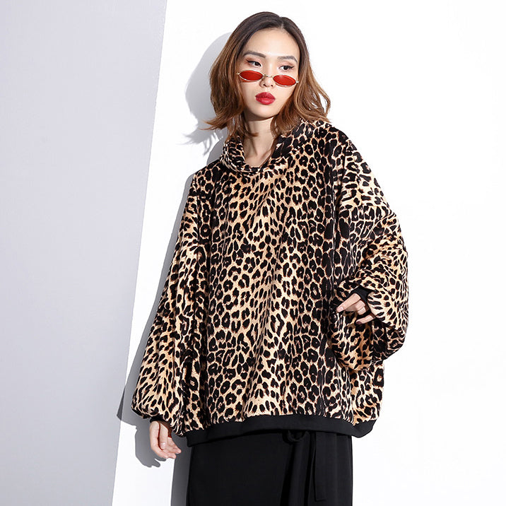 Leopard T Shirt Loose Fitting Hooded Clothing Tops Fine Batwing Sleeve Tops