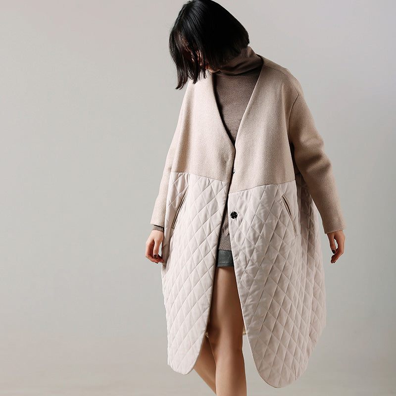Beige Woolen Coat Medium Length Patchwork V Neck Coat