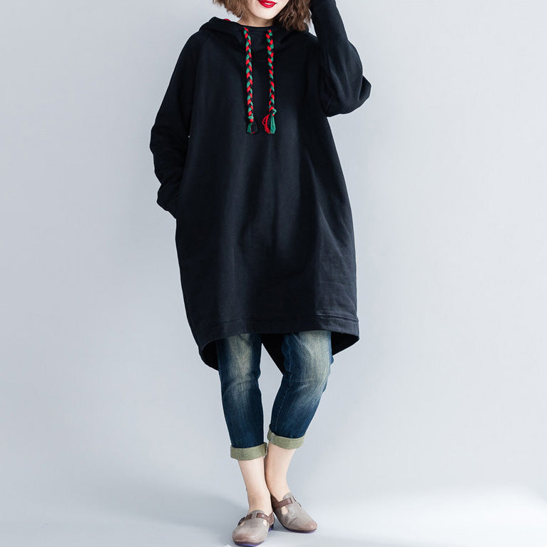 Black Midi Cotton Dresses Oversized Knee Dresses Hooded Traveling Clothing Thick