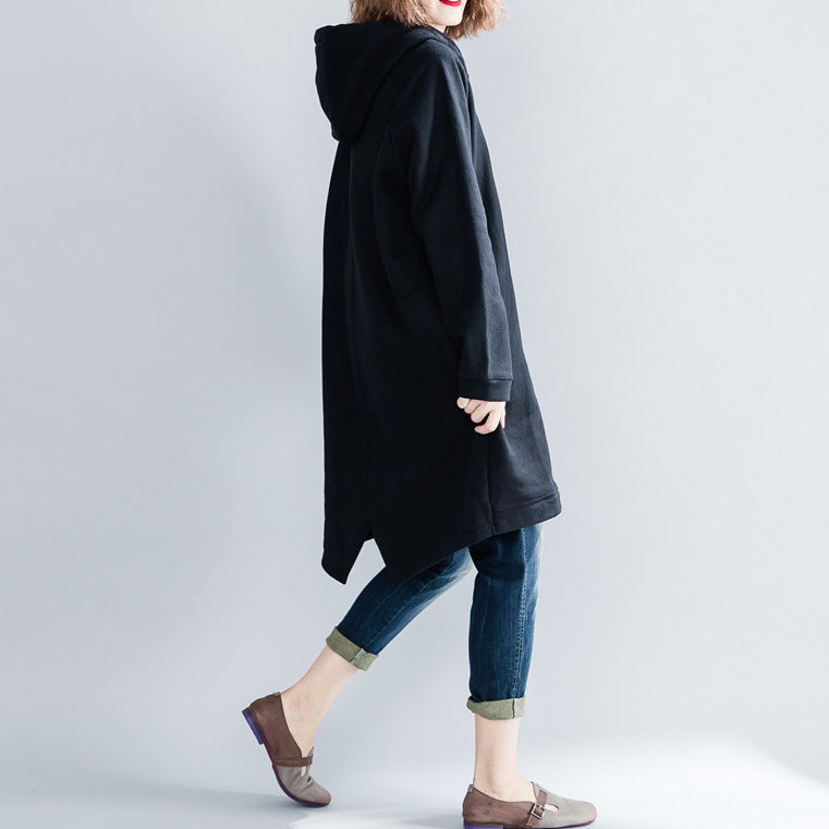 Black Midi Cotton Dresses Oversized Knee Dresses Hooded Traveling Clothing Thick