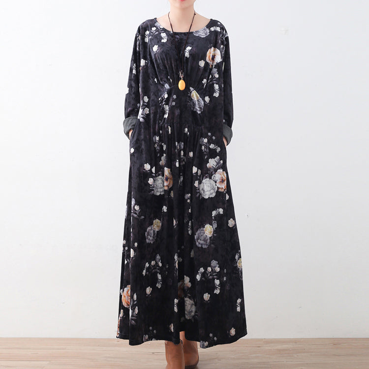 Black Corduroy Dresses Oversize Prints Maxi Dress Boutique Patchwork Kaftans