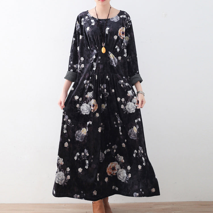 Black Corduroy Dresses Oversize Prints Maxi Dress Boutique Patchwork Kaftans