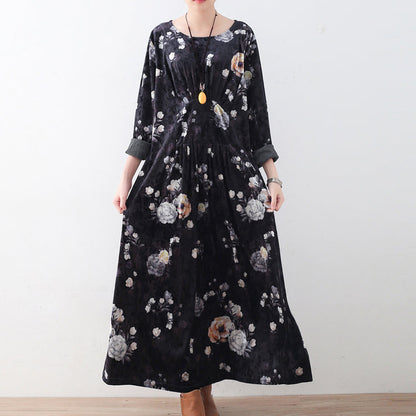 Black Corduroy Dresses Oversize Prints Maxi Dress Boutique Patchwork Kaftans