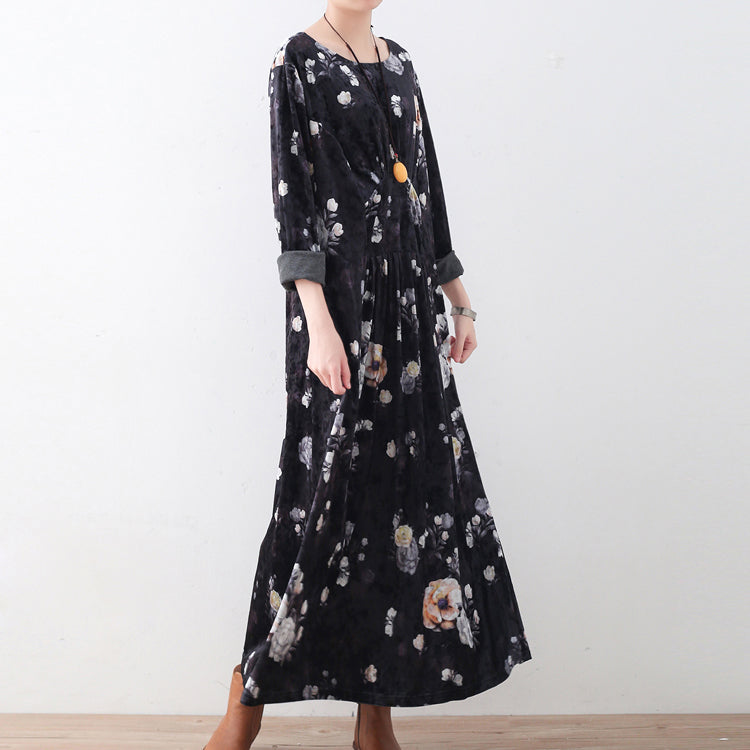 Black Corduroy Dresses Oversize Prints Maxi Dress Boutique Patchwork Kaftans