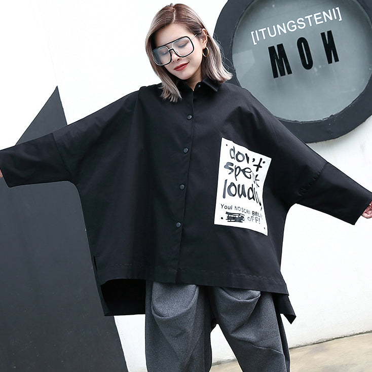 Black Cotton Blended Blouse Loose Fitting Turn-down Collar Asymmetric Cardigan Batwing Sleeve Baggy Cotton Blended Tops