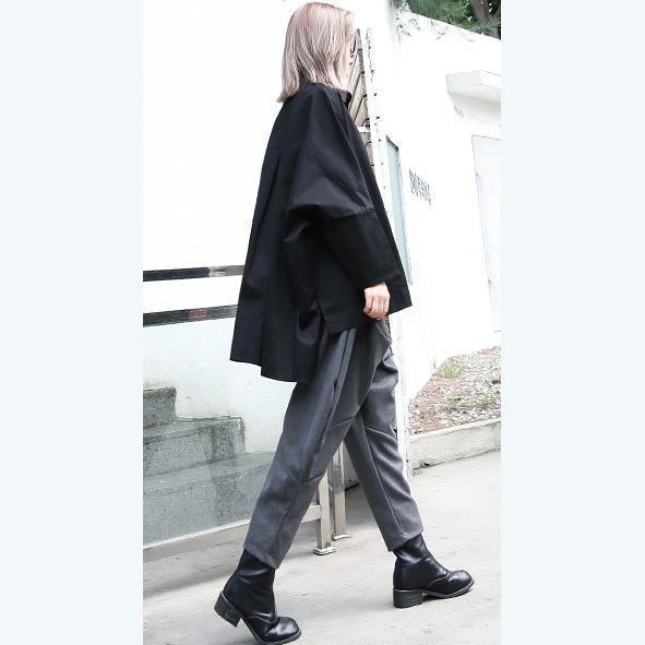 Black Cotton Blended Blouse Loose Fitting Turn-down Collar Asymmetric Cardigan Batwing Sleeve Baggy Cotton Blended Tops