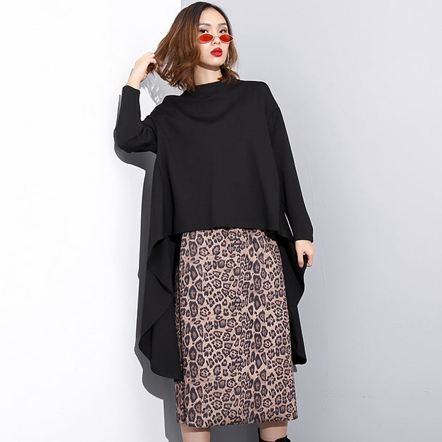 Black Cotton Tops Loose Fitting Stand Collar Cotton T Shirt Asymmetric Zippered Clothing Tops