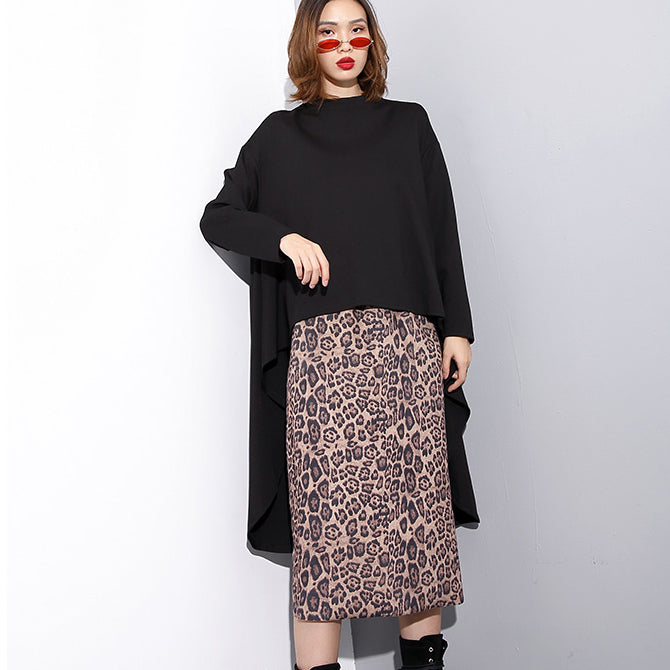 Black Cotton Tops Loose Fitting Stand Collar Cotton T Shirt Asymmetric Zippered Clothing Tops