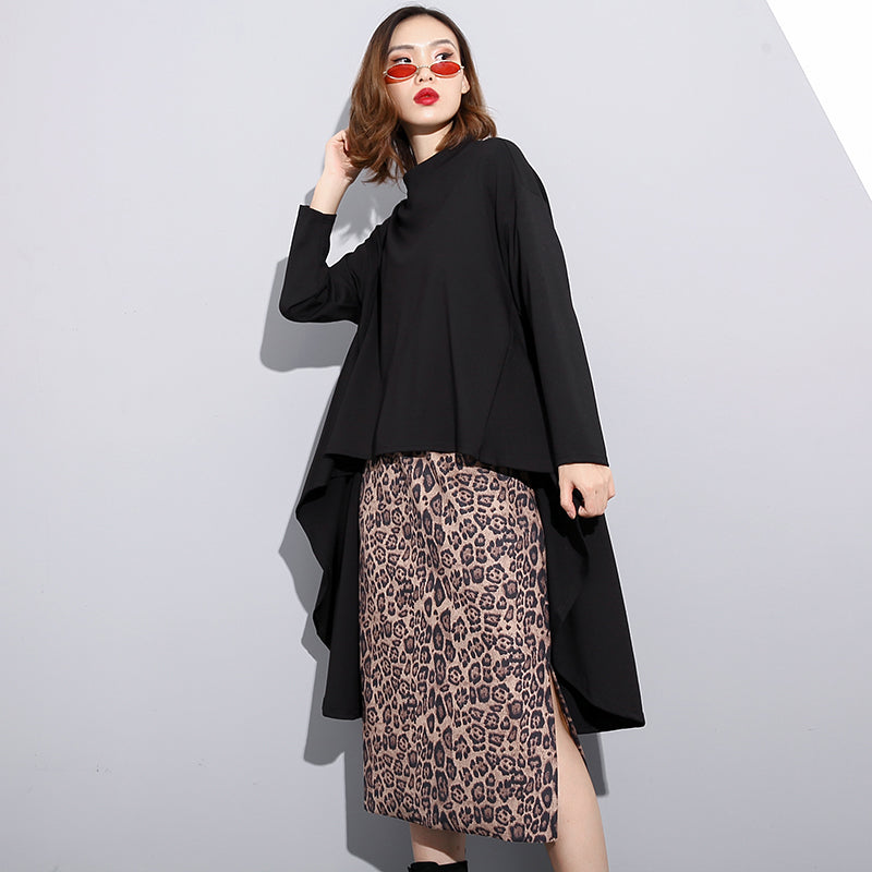 Black Cotton Tops Loose Fitting Stand Collar Cotton T Shirt Asymmetric Zippered Clothing Tops