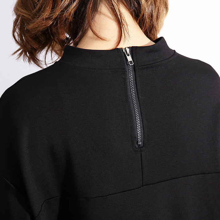 Black Cotton Tops Loose Fitting Stand Collar Cotton T Shirt Asymmetric Zippered Clothing Tops