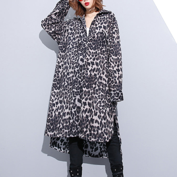 Black Leopard Coat Turn-down Collar Baggy Coat