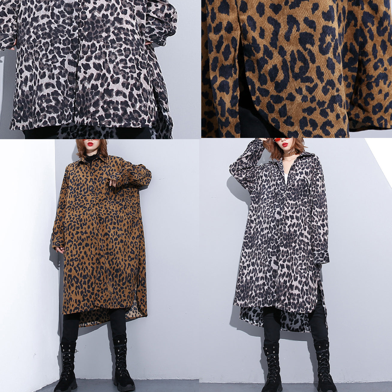 Black Leopard Coat Turn-down Collar Baggy Coat