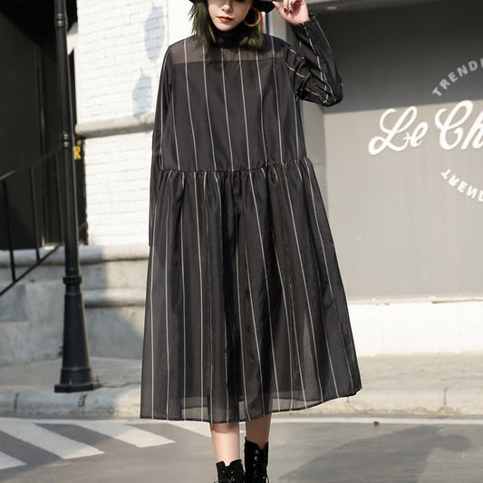 Black Long Tulle Dress Striped Cotton Caftans New Stand Collar Maxi Dresses