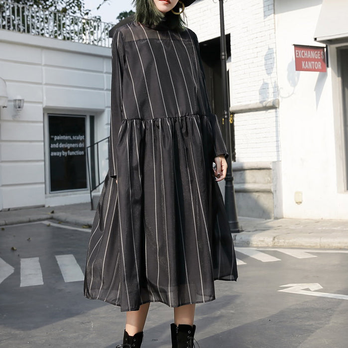 Black Long Tulle Dress Striped Cotton Caftans New Stand Collar Maxi Dresses