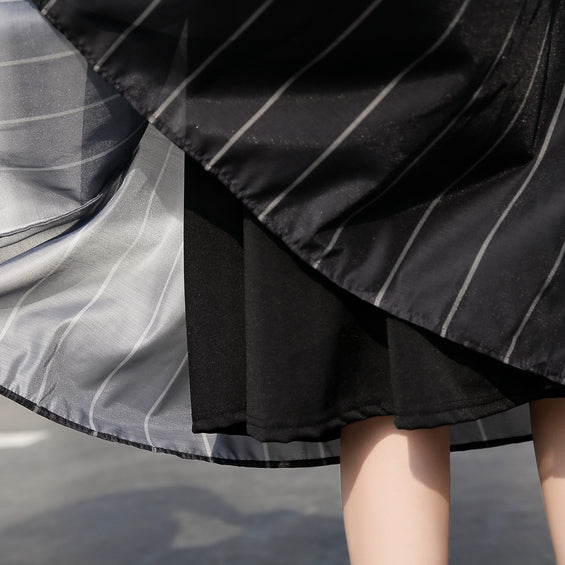 Black Long Tulle Dress Striped Cotton Caftans New Stand Collar Maxi Dresses
