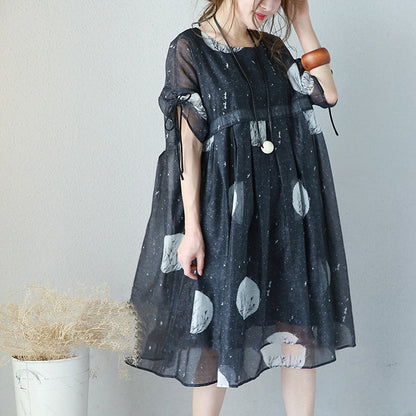 Black Prints Long Chiffon Dress Loose Fitting High Waist Chiffon Gown Fine Drawstring Sleeve Kaftans