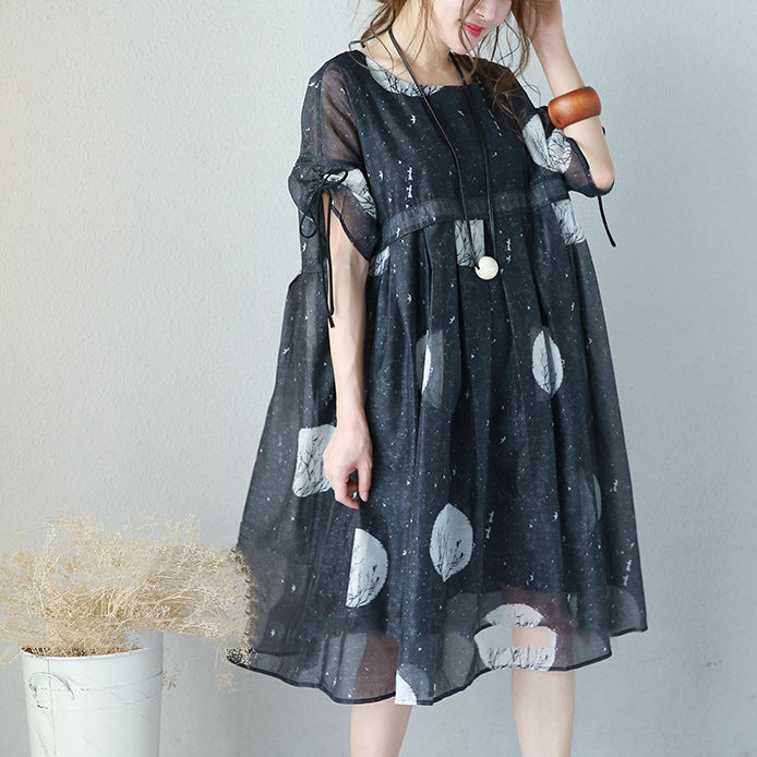 Black Prints Long Chiffon Dress Loose Fitting High Waist Chiffon Gown Fine Drawstring Sleeve Kaftans