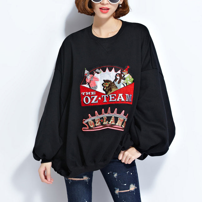 fashion black pure cotton tops plussize cotton clothing blouses Elegant appliques batwing sleeve midi tops
