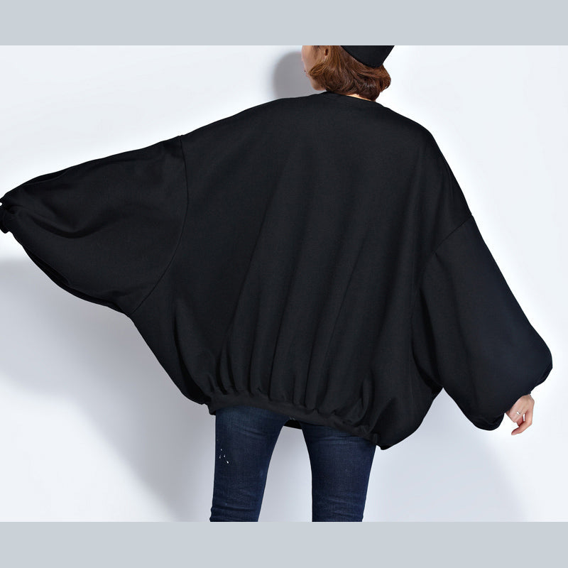 Black Pure Cotton Tops Plussize Cotton Clothing Blouses Appliques Batwing Sleeve Midi Tops