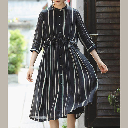 Black Striped Long Linen Dress O Neck Large Hem Linen Clothing Dresses Three Quarter Sleeve Tie Waist Maxi Dresses